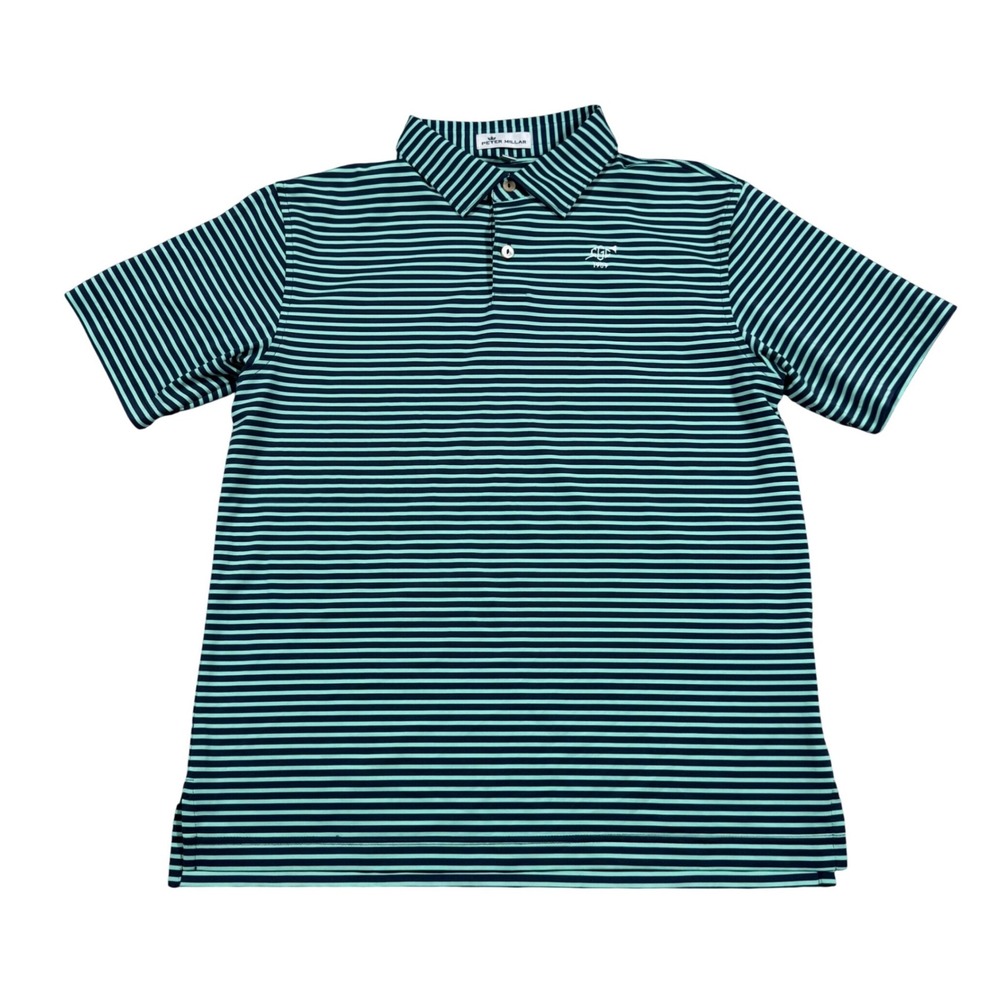 Peter Millar Polo Shirt Boys L 12 Navy Teal Striped Golf Performance S/S